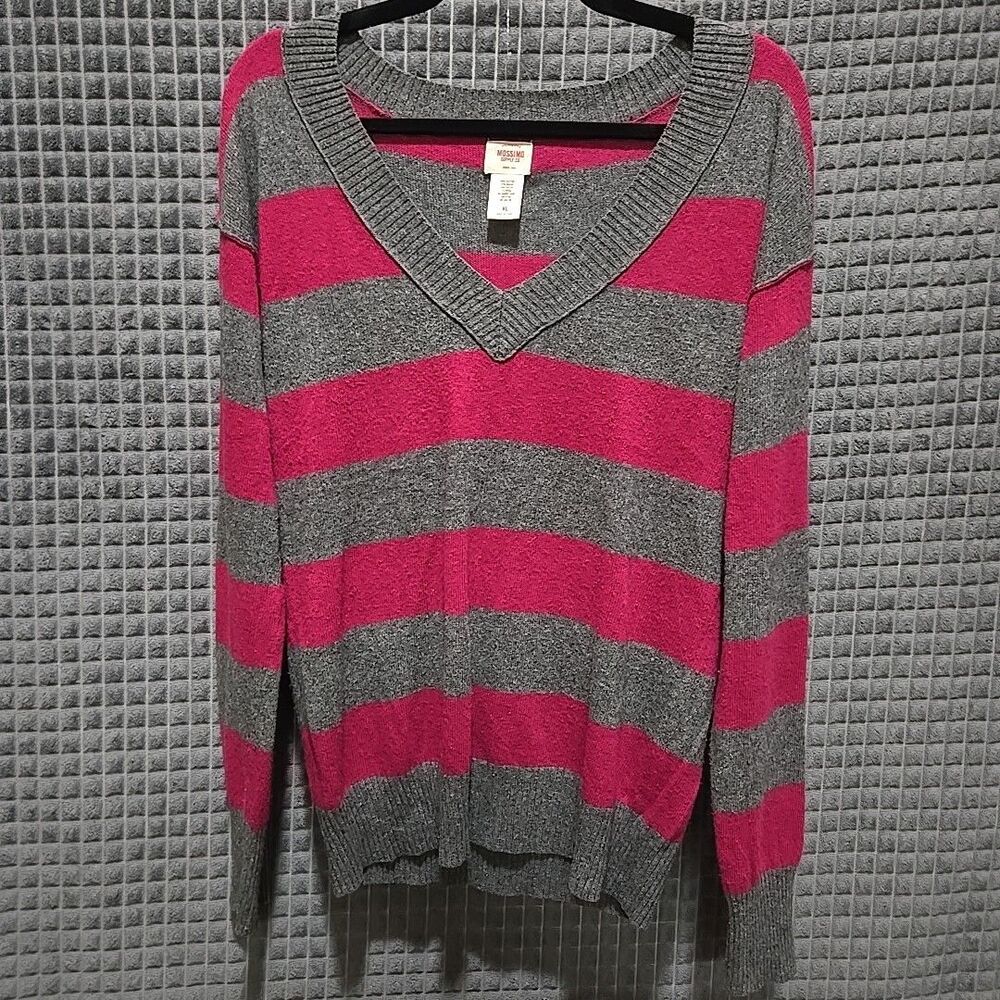 Y2K Wool Pink Striped Sweater SzXL SOFT Rabbit Hair Cozy Basic 90s Preppy VNeck
